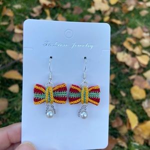 Handmade Miniature Crochet Earrings/ Christmas bow / Embroidery thread
